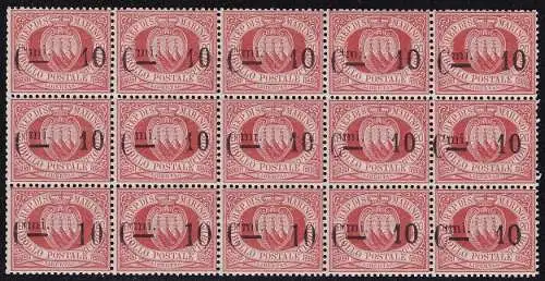 1892 SAN MARINO, Nr. 10 10c. auf 20c. rot BLOCK VON 15 MINH ** Bolaffi Signatur