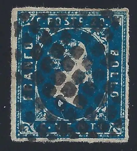 1851 Sardinien, Nr. 2 20c. blau GEBRAUCHT AD gekennzeichnet