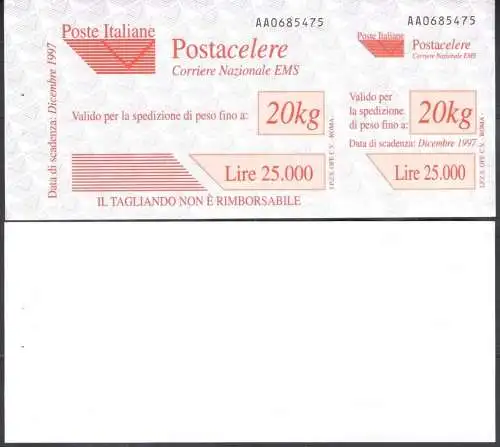 1997 Italien Republik, Postdienst ohne perforiertes Kreuz postfrisch ** Nr. 3. Sorte