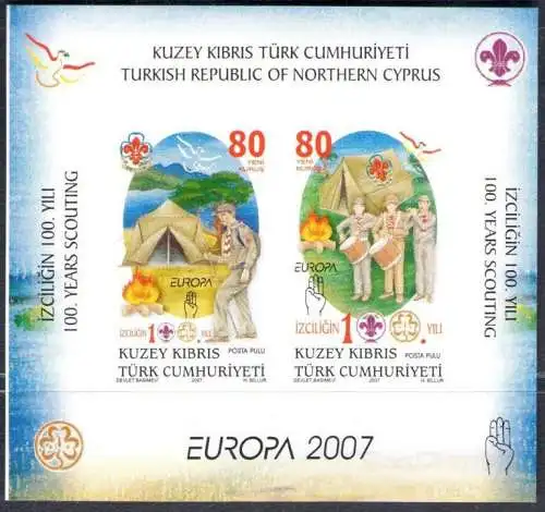 2007 EUROPA CEPT, Türkisches Zypern - KibrisTurk, BF 26, Blatt - Souvenirblatt, 100 Jahre Pfadfinder, postfrisch**