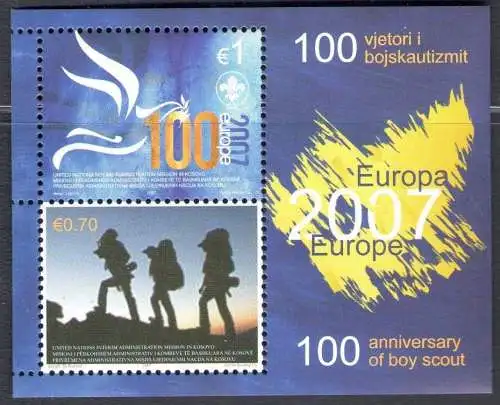 2007 EUROPA CEPT, Kosovo Unmik, BF 6, Blatt - Souvenirblatt, 100 Jahre Pfadfinder, postfrisch**