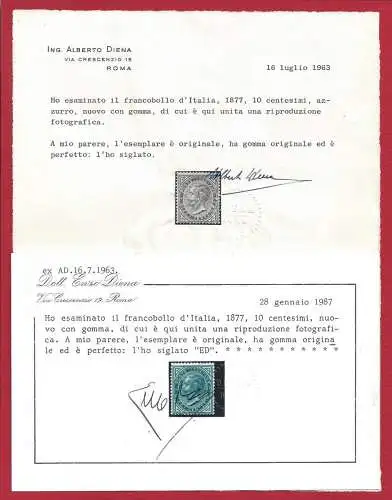 1877 Italien - Königreich, Nr. 27 10 Cent. blau MLH/* zertifiziert A.Diena E.Diena