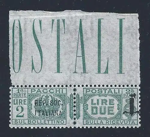 1944 RSI, PP Nr. 44 2 Lire grün postfrisch/** Abkürzung Schleifen BLATTRAND