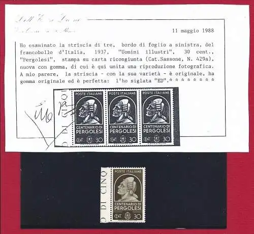 1937 Königreich - Nr. 394a, Pergolesi auf Sammelpapier, postfrisch** E.Diena-Zertifikat - Unterschrift für Giulio Bolaffi