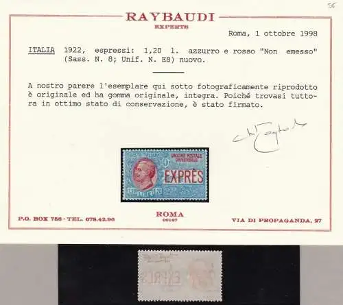 1922 Italien - KÖNIGREICH - Espresso Nr. 8 Lire 1,20 blau und rot MNH** - Raybaudi-Zertifikat