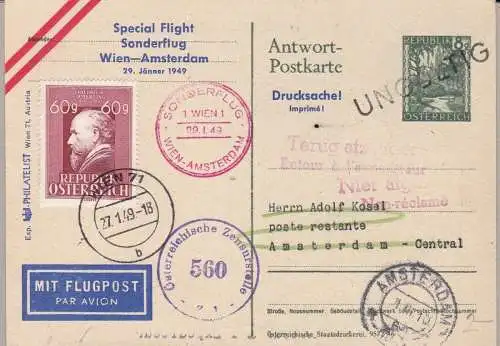 1949 ÖSTERREICH, Wien - Amsterdam Sonderkarte Müller 241