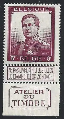 1912 BELGIEN, Einheitlicher Katalog Nr. 122 - König Albert I. - 5 Franken braun-karminisch mnh** - Firma Bolaffi