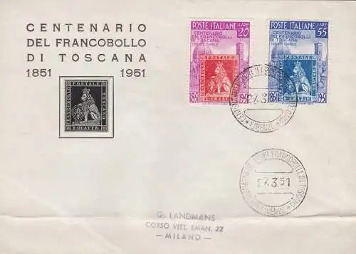 1951 100. Briefmarken aus der Toskana, Nr. 653/654 auf ungereisten Brief