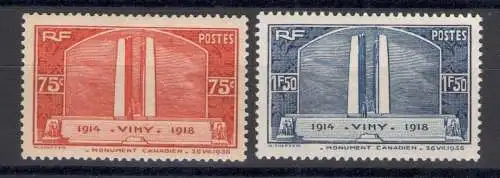 1936 FRANKREICH - Nr. 316/17 Denkmal der gefallenen Kanada 2 Wert postfrisch/**