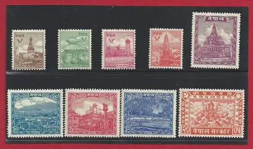 1949 NEPAL, Stanley Gibbons Nr. 64-72, Nepalesische Tempel - 9 Werte - Komplette Serie - postfrisch**