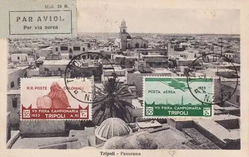 1933 LIBYSCHEN, Nr. 120+PA 8 7. Tripolis Messe zwei Werte auf gereister Postkarte