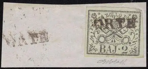 1852 Kirchenstaat, 2 Baj hellolivgrün Nr. 2 auf Fragment Signatura Bolaffi