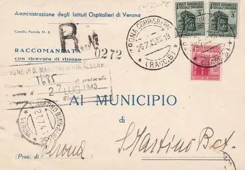 1944 RSI - Nr. 511 Lire 3 Paar + 20 C Nr. 504 auf Reiseeinschreiben