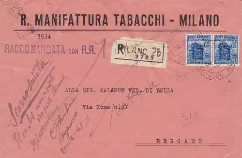 1944 RSI - Nr. 510 Lire 1,25 blaues Paar auf Einschreiben gereist