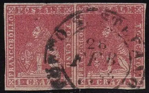 1857 TOSKANA, Nr. 12a 1 cr. klares Karmin GEBRAUCHTES PAAR Abkürzung A.Diena - Kleber