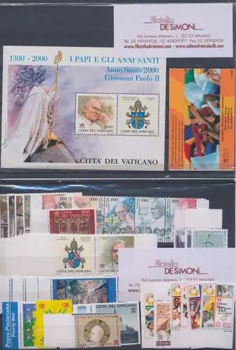 2000 Vatikan, neue Briefmarken, komplettes Jahrgang, 38 Werte + 1 Blatt + 1 Heft + 5 Automaten (Erste Serie) - postfrisch **