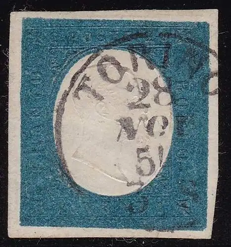 1854 SARDINIEN, Nr. 8 20 Cent. blau GEBRAUCHT signiert oliv