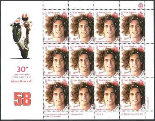 2017 San Marino, Marco Simoncelli, 30. Geburtstag, Minifil 12v mnh**