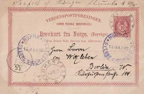 1887 NORWEGEN, ganze Postkarte mit Stempel des SS-Motorschiffs Sverre Sigurdsson - Polarversand