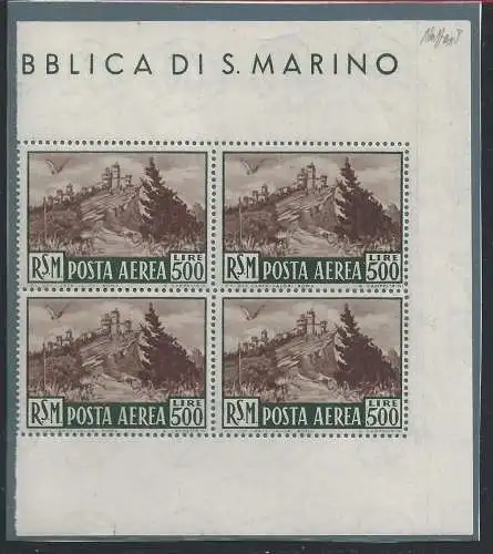 1951 SAN MARINO Ansicht PA 97 Lire 500 braun postfrisch ** Firma Caffaz QUARTINA