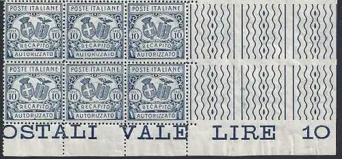 1928 Italien - KÖNIGREICH, RA Nr. 2 Verzahnung 14 MNH / ** BLOCK VON SECHS ECKIGEN BLATT