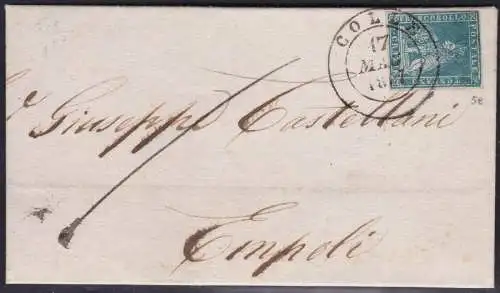 1851-52 TOSKANA, Nr. 5e 2 cr. blau grünlich auf grau BUCHSTABE