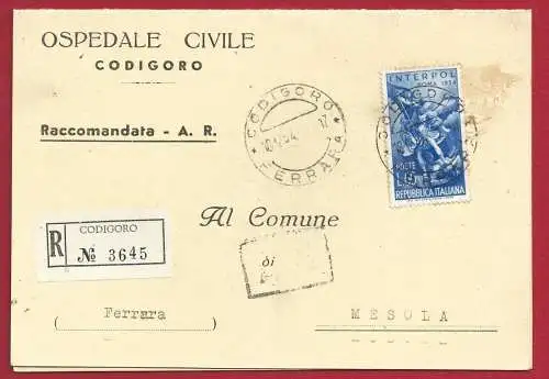 1954 Interpol Nr. 745 auf Einschreiben für Mesola (Ferrara)