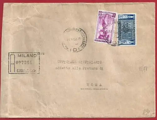 1952 Nr. 644 + Nr. 690 auf Einschreiben nach Rom