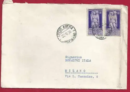 1938 A.O.I., frankierter Brief 50 Cent. violett Nr. 24 (x2)
