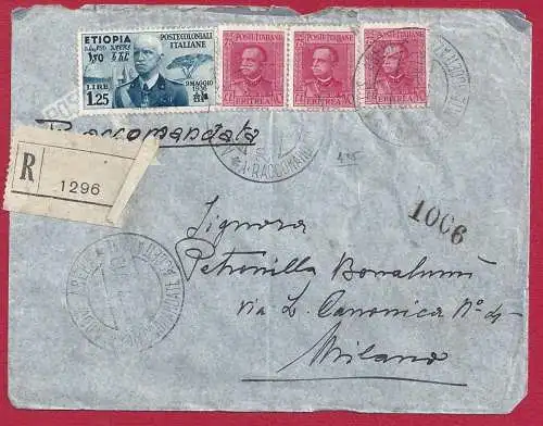 1937 ERITREA, Frankiertes Schreiben Nr. 200 (3)-204 + Äthiopien Nr. 7