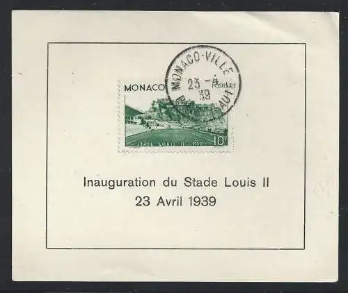 1939 MONACO, Nr. 184 Stadion Louis II. AUF KARTON ERSTER TAG