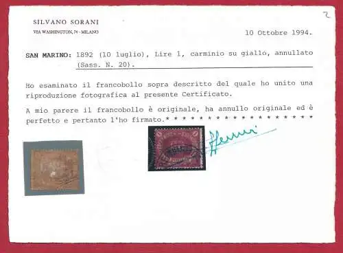 1892 SAN MARINO, Nr. 20 ROTE LIRA GEBRAUCHT Sorani-Zertifikat