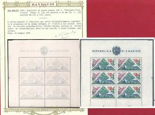 1952 SAN MARINO, BF Nr. 14b Blumen Sorte Abziehbild und größere Abmessungen 133x125 MNH** EINZIGARTIG BEKANNT Zertifikat. RAYBAUDI GOLD