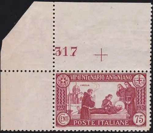 1931 Italien, Königreich, St. Antonius, Nr. 299 gezackt 12 - postfrisch ** Tischnummer und Blattzeichen Bolaffi