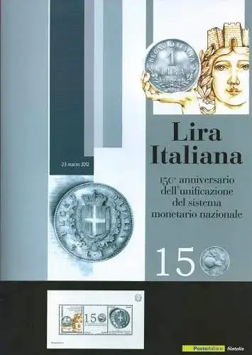 2012 Italien - Republik - Folder 150 Jahre Italienische Lira, mit Blatt Nr. 17 aus Silberfolie - postfrisch** UNTERKOSTEN