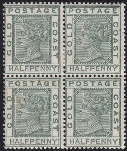 1884 GOLDKÜSTE, SG 11 im Viererblock MLH/MNH - braune Flecken auf einer Briefmarke