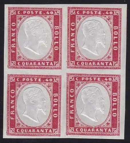 1862 Sardinien, Nr. 16E 40c. dunkelkarminrosa QUARTINA MNH/** Cert. Luftpolster