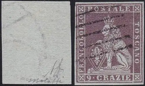 1851-52 TOSKANA, Nr. 8 9 cr. GEBRAUCHT Luftpolsterzertifikat mit A.Diena-Siegel