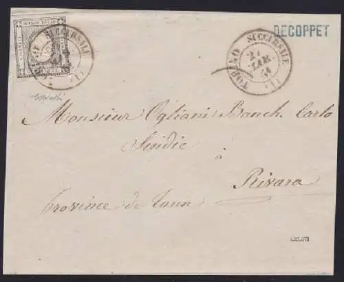 1861 Sardinien, Gedruckt Nr. 20 auf großem Fragment Signatura Bolaffi