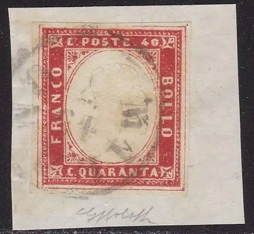 1857 SARDINIEN, Nr. 16A IV Emission 40 Cent. scharlachrot rot AUF FRAGMENT