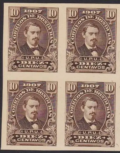 1907 HONDURAS, YT 104 10 c. braun QUARTINA UNGEZAHNT (*) / OHNE GUMMI