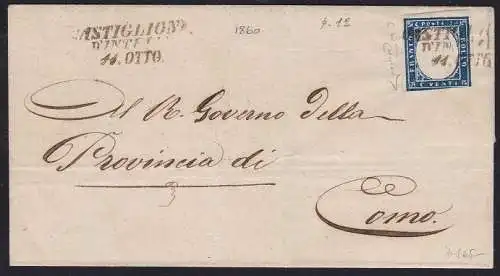 1860 SARDINIEN, 20 Cent. per Widerrufsbrief KASTILIONE D'INTELVI Punkte 12