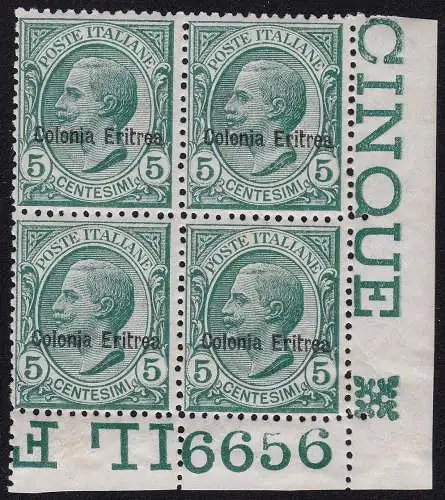 1908 ERITREA, Nr. 31. BLOCK VON 4 MIT TISCHNUMMER POSTFRISCH/**