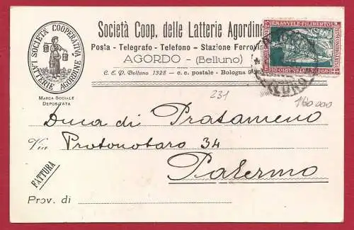 1928 Italien - frankierte Rechnung mit Nr. 231 auf der Rückseite 10-Cent-Stempelmarke. Nr. 12