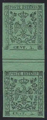 1852 MODENA, Nr. 7 5 Cent. grün POSTFRISCH/** VERTIKALER ZWISCHENRAUM CERT. BOLAFFI