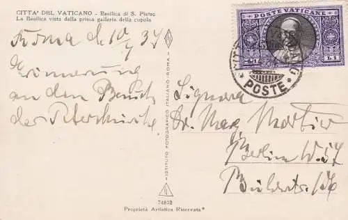 1933 Vatikan, Nr. 28 auf gereister Postkarte 1934