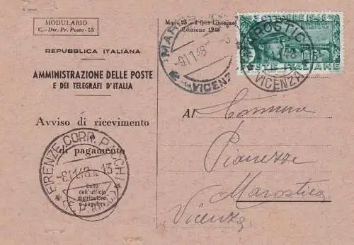 1948 Ponte di Bassano, Nr. 592 15 Lire isoliert nach Empfangsbenachrichtigung