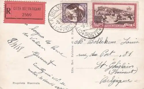 1933 Vatikan, Nr. 24+Ex 3 auf gereister Postkarte 1938