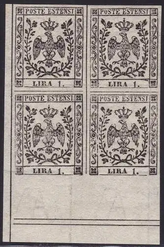 1852 MODENA, Nr. 11 1 weiße Lira postfrisch/** quartina Signatur Bolaffi/A.Diena