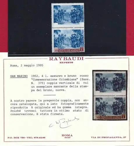 1952 SAN MARINO Nr. 375i Taube 4 Lire postfrisch/** seltene sortee #039; Zertifikat. Raybaudi